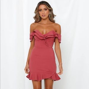 Rose pink (GORGEOUS color) ruffle dress. Fits like a glove, only worn once!